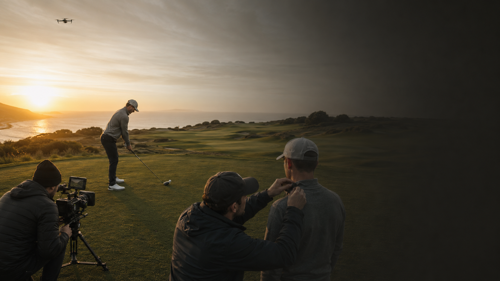 Film crew capturing a golfer teeing off at sunrise on a coastal course
